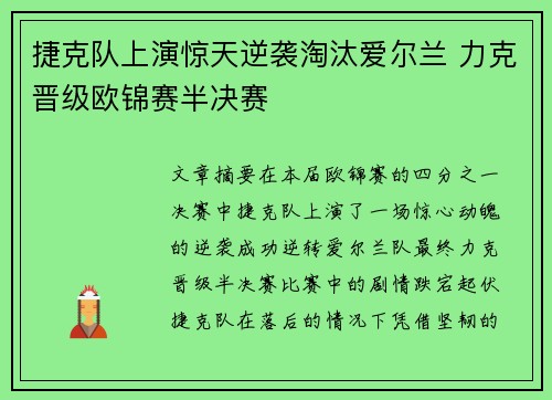 捷克队上演惊天逆袭淘汰爱尔兰 力克晋级欧锦赛半决赛